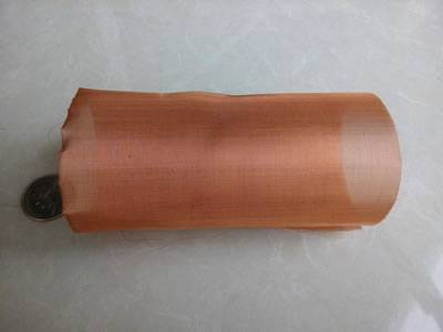 A piece of copper woven mesh is rolled beside a metal coin.