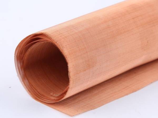 Slanted woven copper mesh on the white background