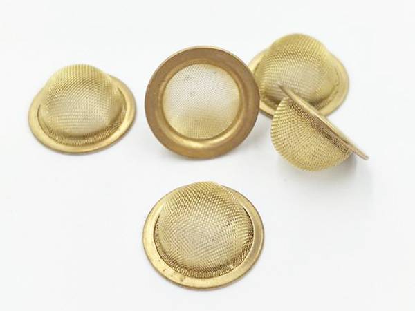 five pieces of brass wire mesh filter elements on white background.