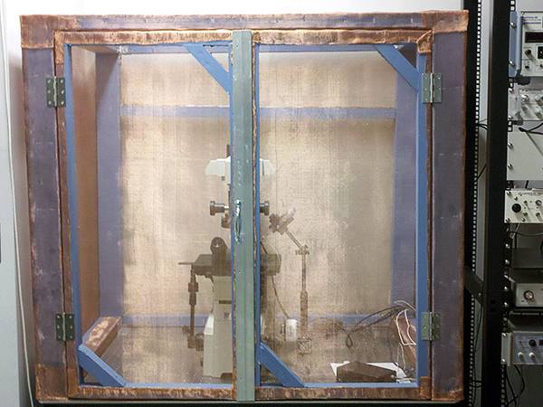 A faraday cage is made of fine copper mesh in the generator room.