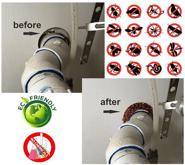 Before and after using copper knitted mesh of pipe on the wall. It can prevent lots of pest enter house.