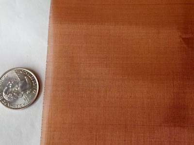 A piece of fine copper mesh is beside a metal coin.